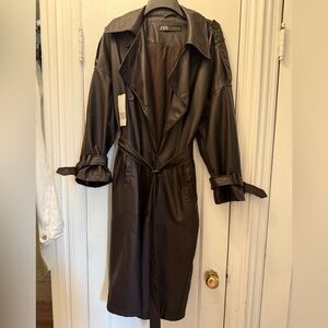 Zara chocolate brown faux Leather Trench Coat